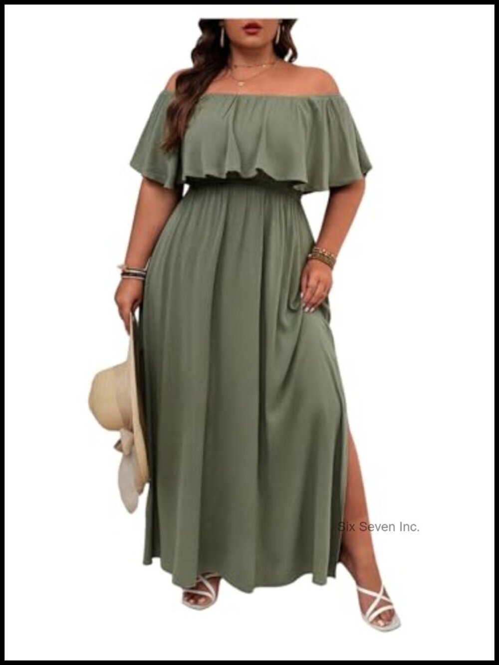 Plus Size Off Shoulder Ruffle Maxi Dress with High Slit for Beach Summer